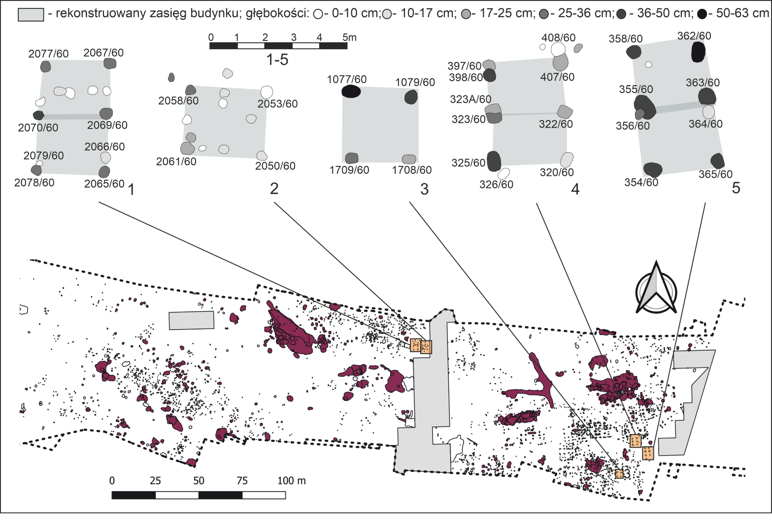 Sanok, stan. 59–60. Przykładowe budynki słupowe: spichlerze z zagrody II i III