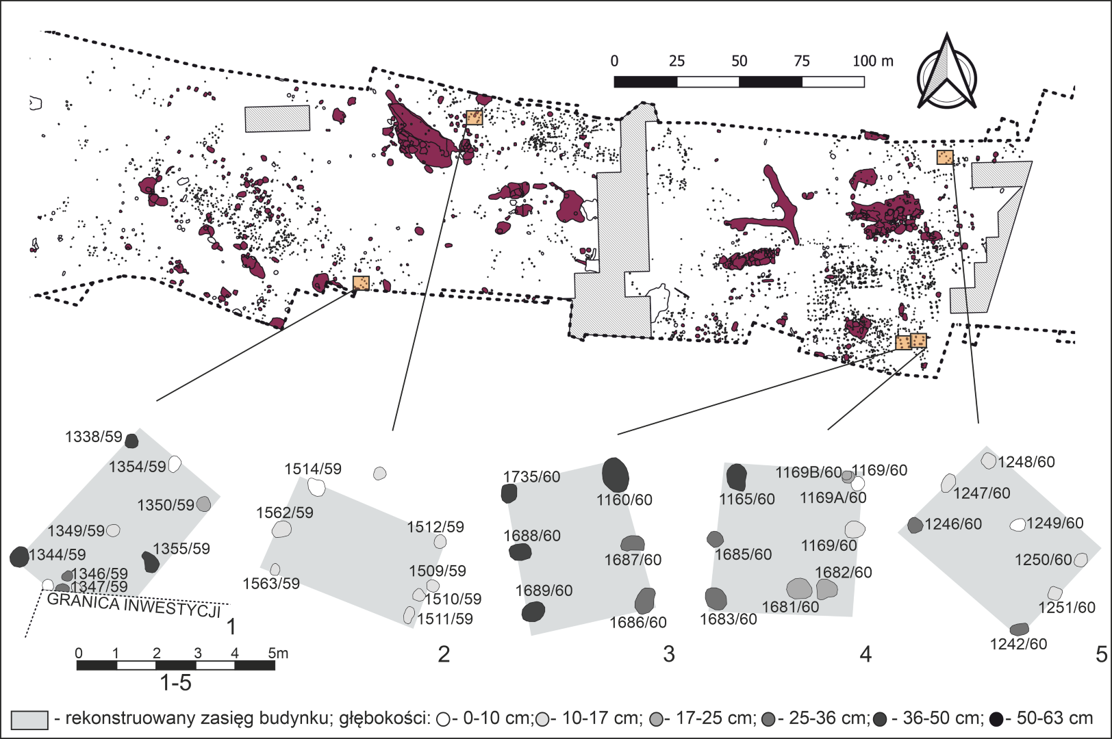 Sanok, stan. 59–60. Przykładowe budynki słupowe: mniejsze konstrukcje słupowe z zagród I, II i III