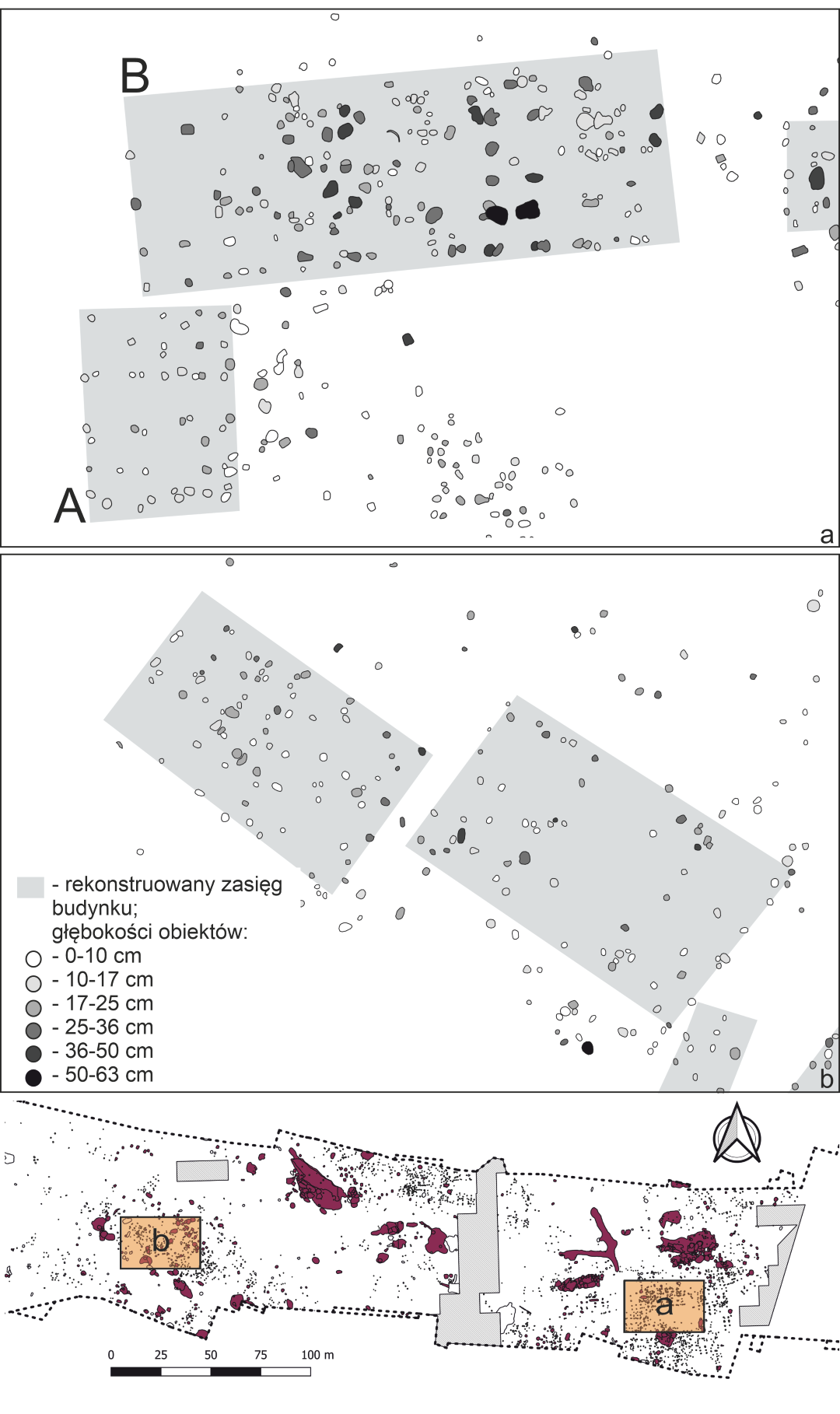 Sanok, stan. 59–60. Przykładowe budynki słupowe: duże budynki. a – przypuszczalny zarys mniejszej (A) i większej konstrukcji słupowej (B) w obrębie zagrody III; b – przypuszczalny zarys konstrukcji słupowych w obrębie zagrody I
