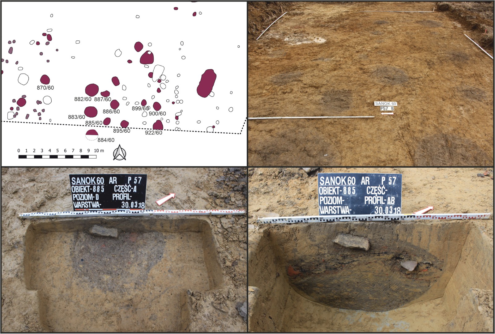 Sanok, stan. 59–60. Wybrane jamy gospodarcze o profilu U-kształtnym: koncentracja tego typu obiektów na obszarze stan. 60, oraz obiekt 885/60 w trakcie eksploracji