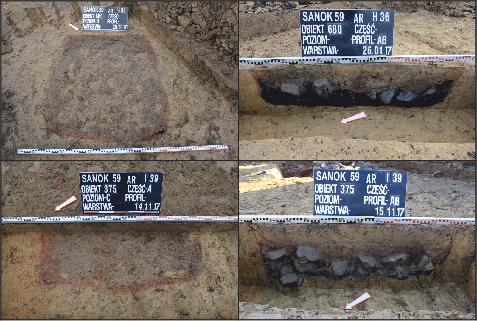 Sanok, stan. 59–60. Wybrane paleniska czworokątne: obiekty 680/59 i 375/59 w trakcie eksploracji