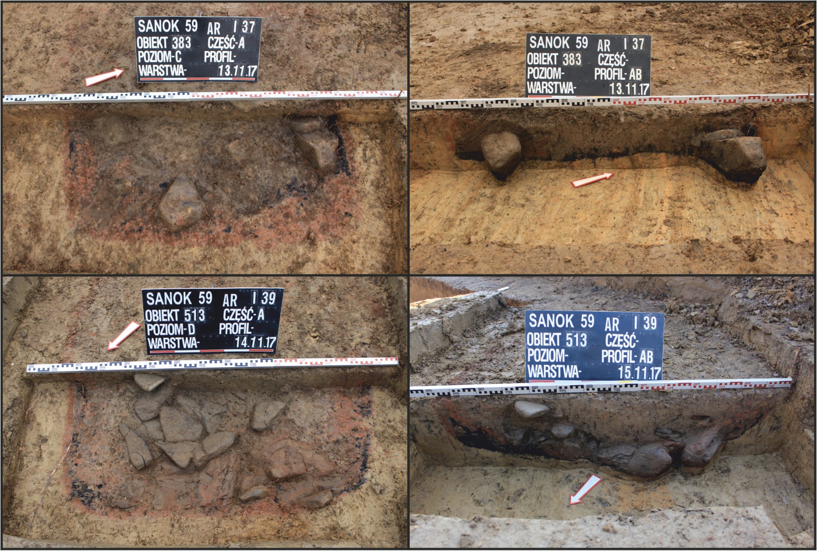 Sanok, stan. 59–60. Wybrane paleniska czworokątne: obiekty 383/59 i 513/59 w trakcie eksploracji