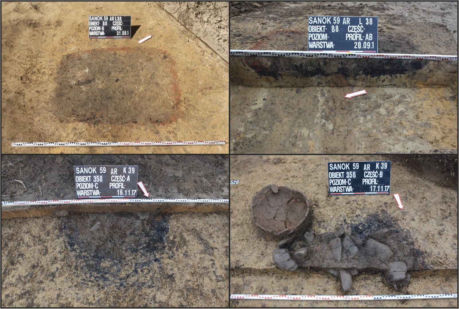 Sanok, stan. 59–60. Wybrane paleniska czworokątne: obiekty 88/59 i 358/59 w trakcie eksploracji