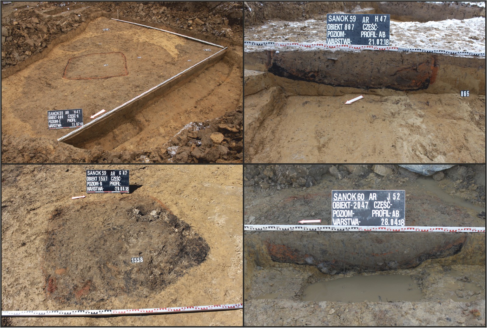 Sanok, stan. 59–60. Wybrane paleniska czworokątne: obiekty 867/59, 1557/59, 1558/59 i 2047/60 w trakcie eksploracji