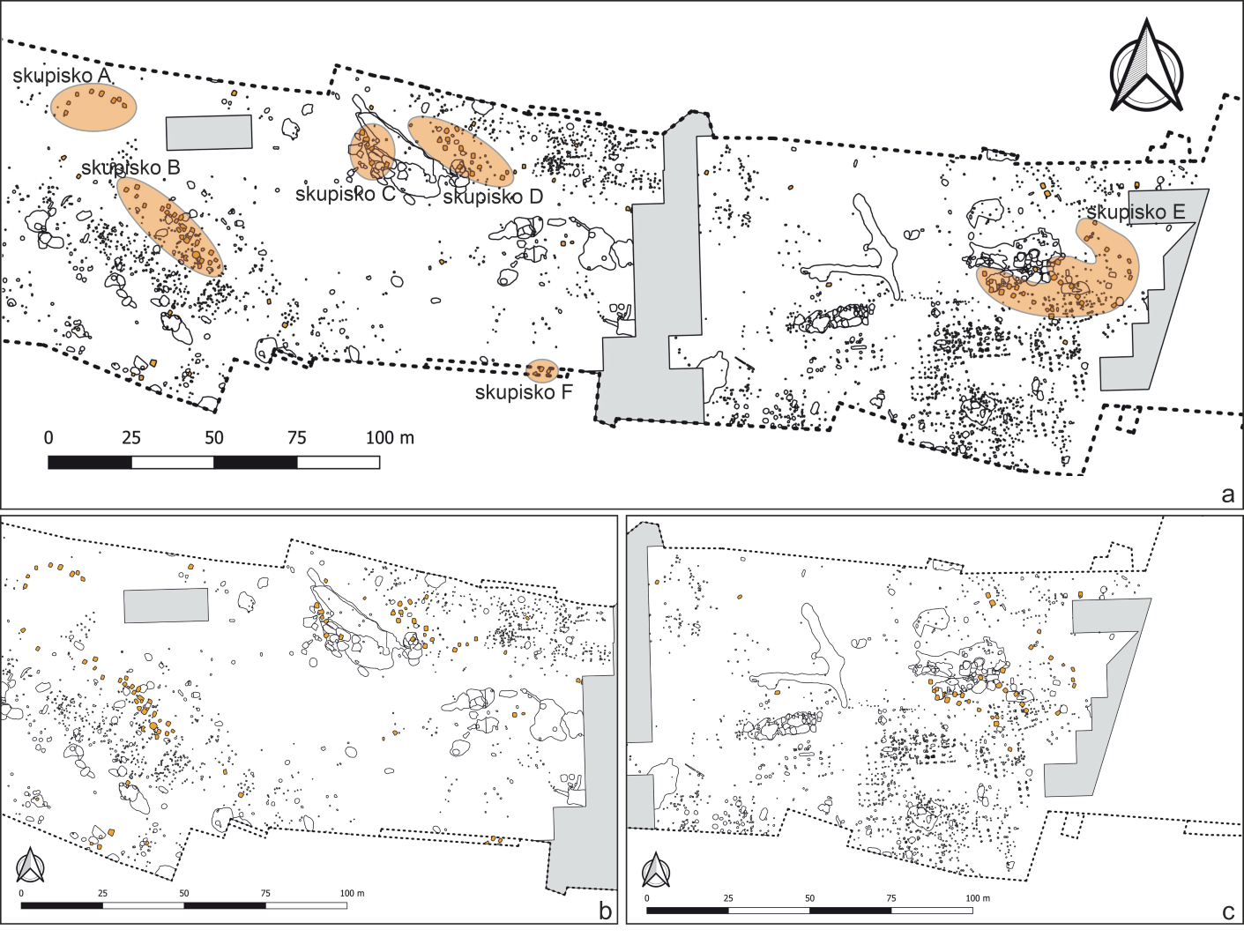 Sanok, stan. 59–60. Zgrupowania palenisk czworokątnych w obrębie stanowiska: a – plan stanowiska z zaznaczonymi zgrupowaniami; b – część zachodnia; c – część wschodnia. Paleniska zaznaczone na pomarańczowo