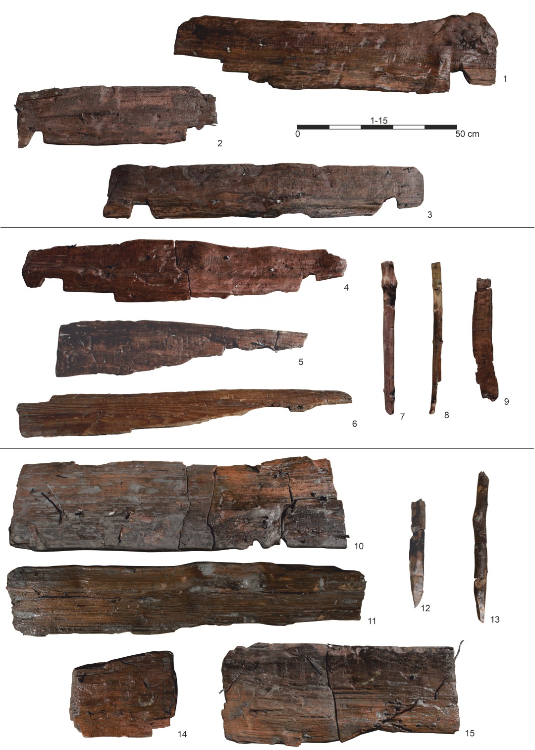 Sanok, stan. 59–60. Studnie: elementy cembrowin (wybór): 1–3 – obiekt 1505/59; 4–9 – obiekt 1506/59; 10–15 – obiekt 2145/59