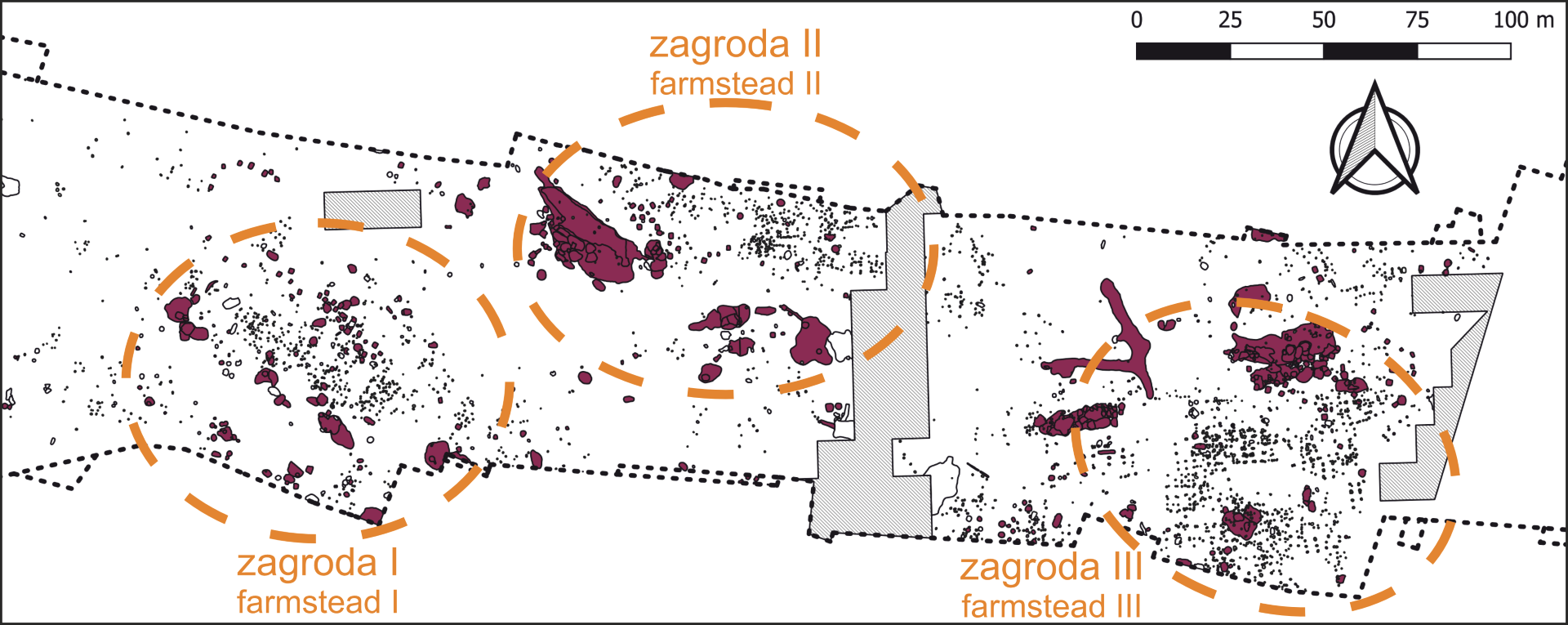 Sanok, stan. 59–60. Osada z późnego okresu wpływów rzymskich i wczesnej fazy okresu wędrówek ludów z zaznaczonymi wyróżnionymi zagrodami
