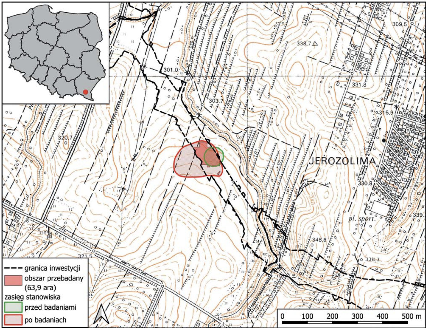 Sanok, stan. 58. Lokalizacja stanowiska na podkładzie mapy topograficznej. Skala 1:10000 (źr&oacute;dło mapy: GUGiK)
