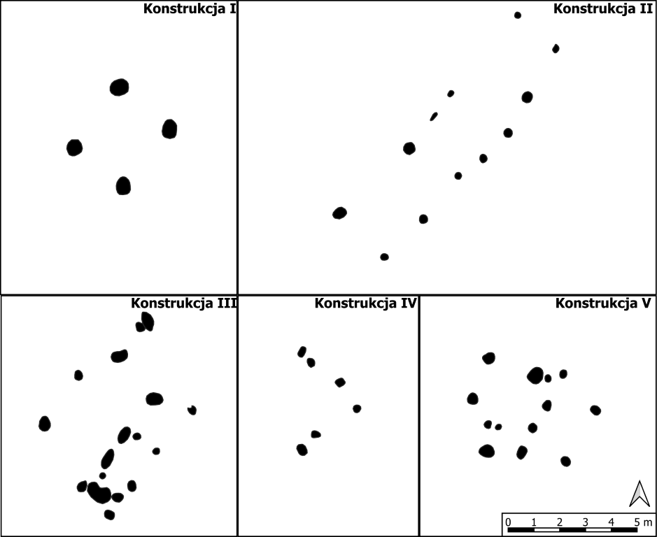 Sanok, stan. 59&ndash;60. Por&oacute;wnanie konstrukcji słupowych (I&ndash;V) związanych z epoką brązu i wczesną epoką żelaza