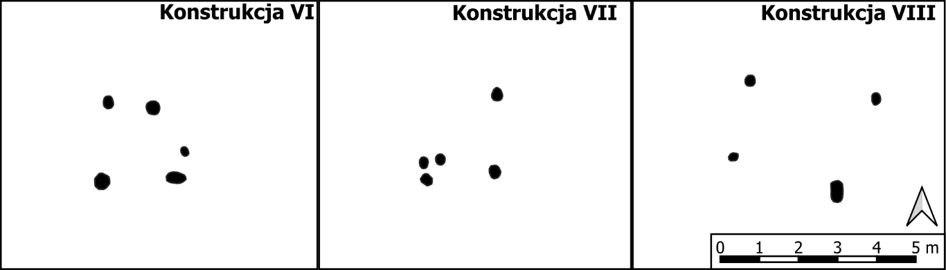 Sanok, stan. 59&ndash;60. Por&oacute;wnanie konstrukcji słupowych (VI&ndash;VIII) określonych jako pradziejowe