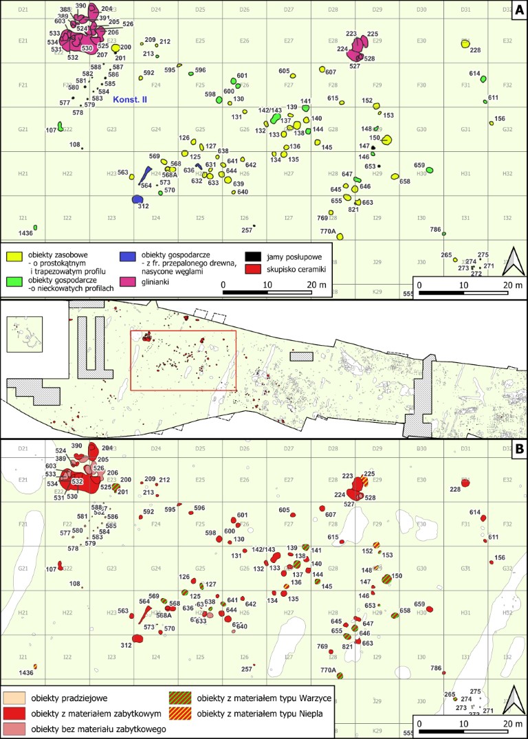 Sanok, stan. 59&ndash;60. Centralne skupisko obiekt&oacute;w w podziale funkcjonalnym (A) i chronologicznym (B)