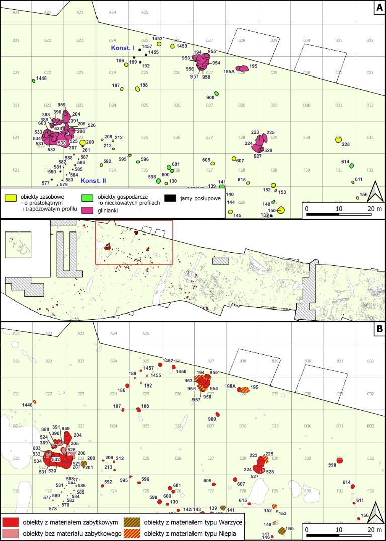 Sanok, stan. 59&ndash;60. P&oacute;łnocne skupisko obiekt&oacute;w w podziale funkcjonalnym (A) i chronologicznym (B)