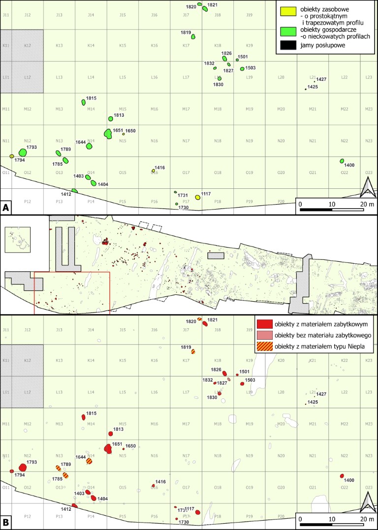 Sanok, stan. 50&ndash;60. Południowo&ndash;zachodnie skupisko obiekt&oacute;w w podziale funkcjonalnym (A) i chronologicznym (B)
