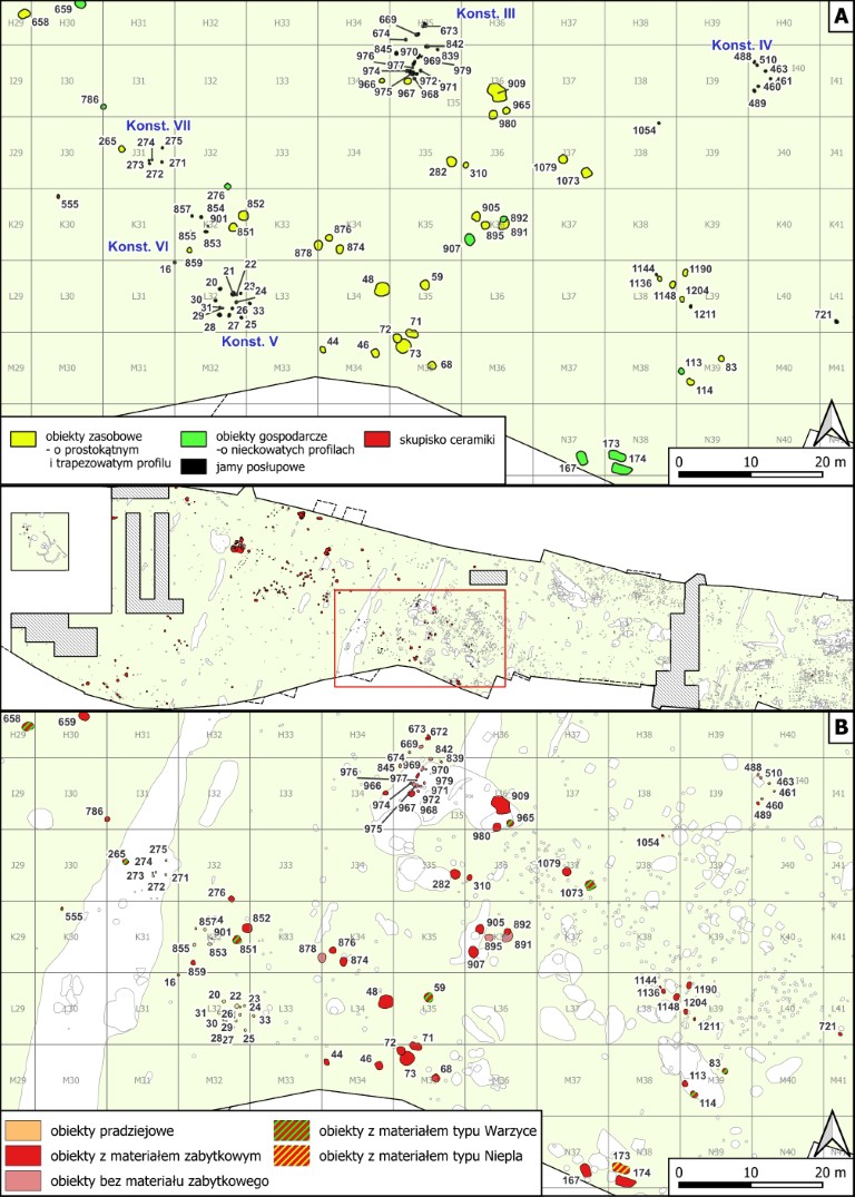 Sanok, stan. 59&ndash;60. Wschodnie skupisko obiekt&oacute;w w podziale funkcjonalnym (A) i chronologicznym (B)