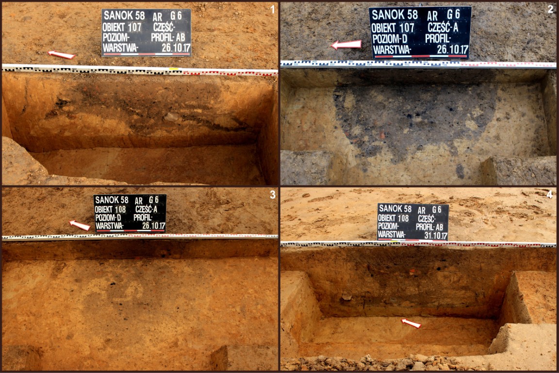 Sanok, stan. 58. Rzuty poziome i profile jam zasobowych 107 (1, 2) i 108 (3, 4)