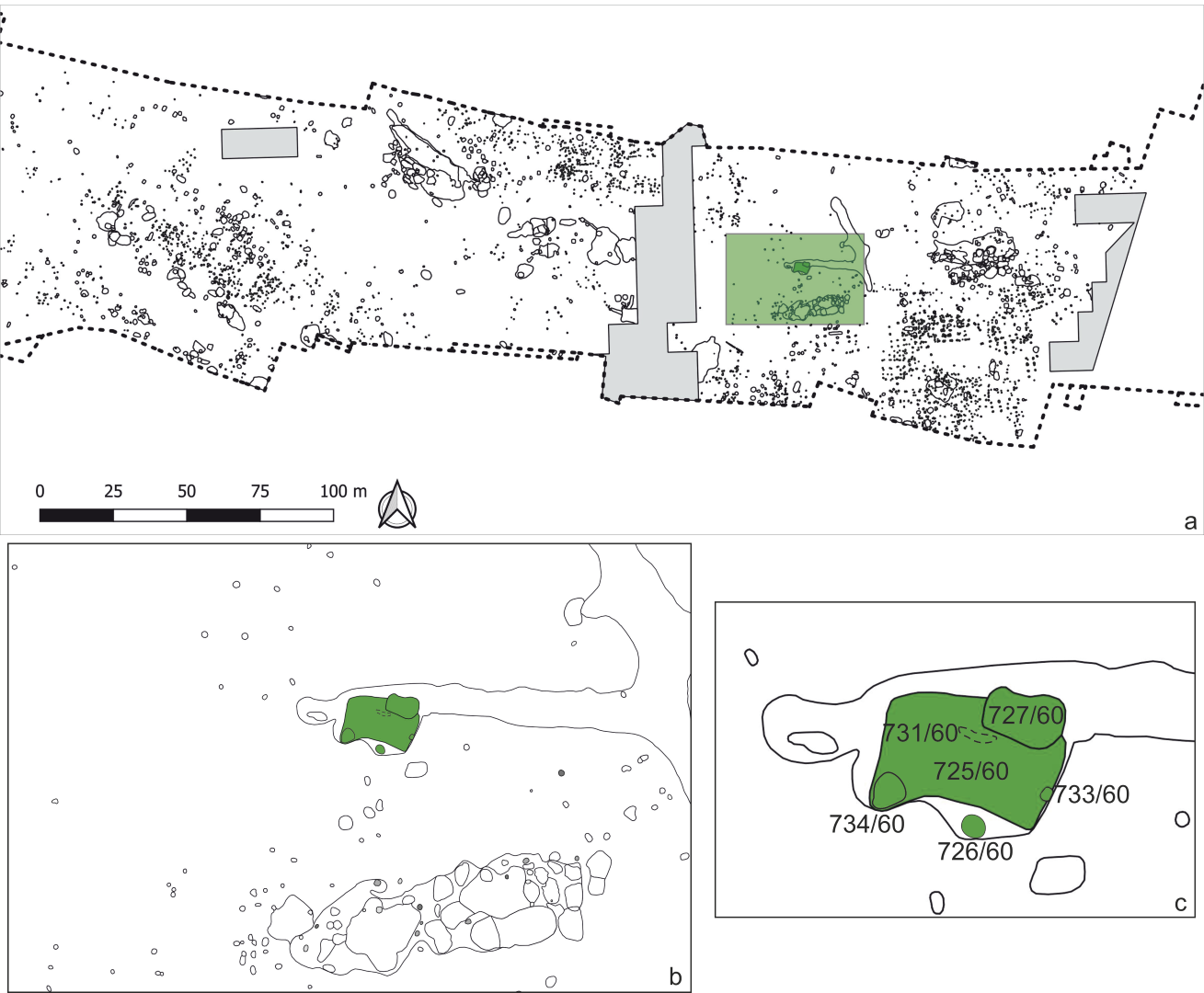 Sanok, stan. 59–60. Lokalizacja obiektów datowanych na okres lateński: a – w granicach wschodniej części stanowiska; b – zbliżenie na obiekty kultury lateńskiej i sąsiadujące z nimi obiekty z okresu rzymskiego i wczesnej fazy okresu wędrówek ludów; c – numeracja wyróżnionych obiektów