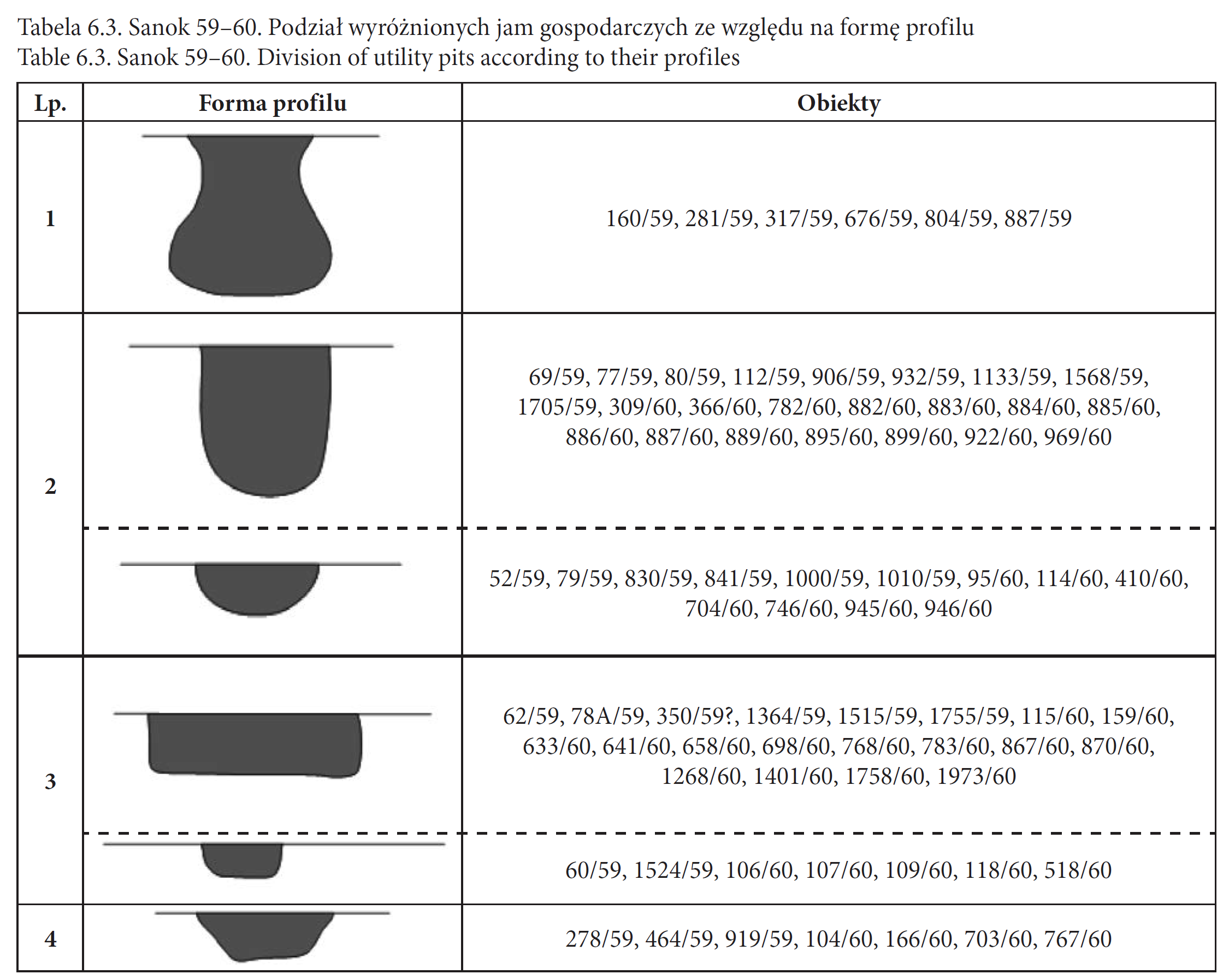 Sanok 59–60. Podział wyróżnionych jam gospodarczych ze względu na formę profilu
